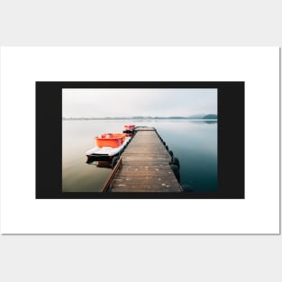 Two Pedal Boats Tied to Wooden Pier in Early Morning Light Posters and Art